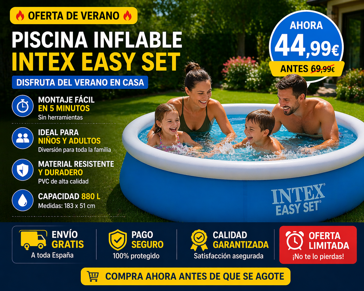 👉 Piscina inflable redonda 183x51 cm fácil montaje