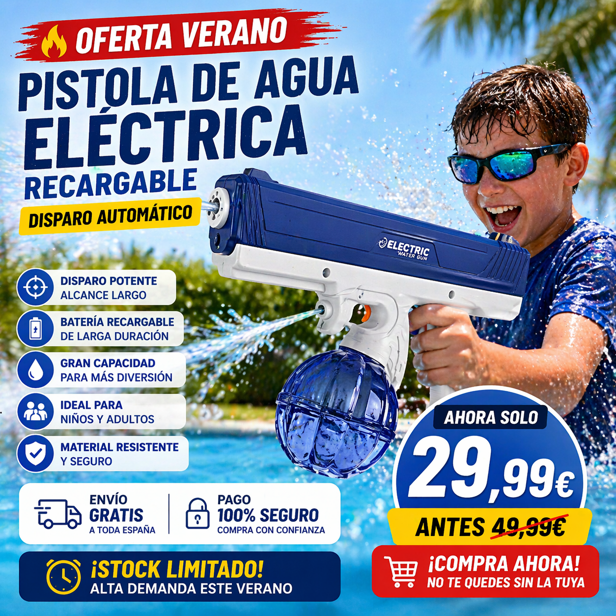 Pistola de Agua Eléctrica Recargable – Disparo Automático | Diversión Verano