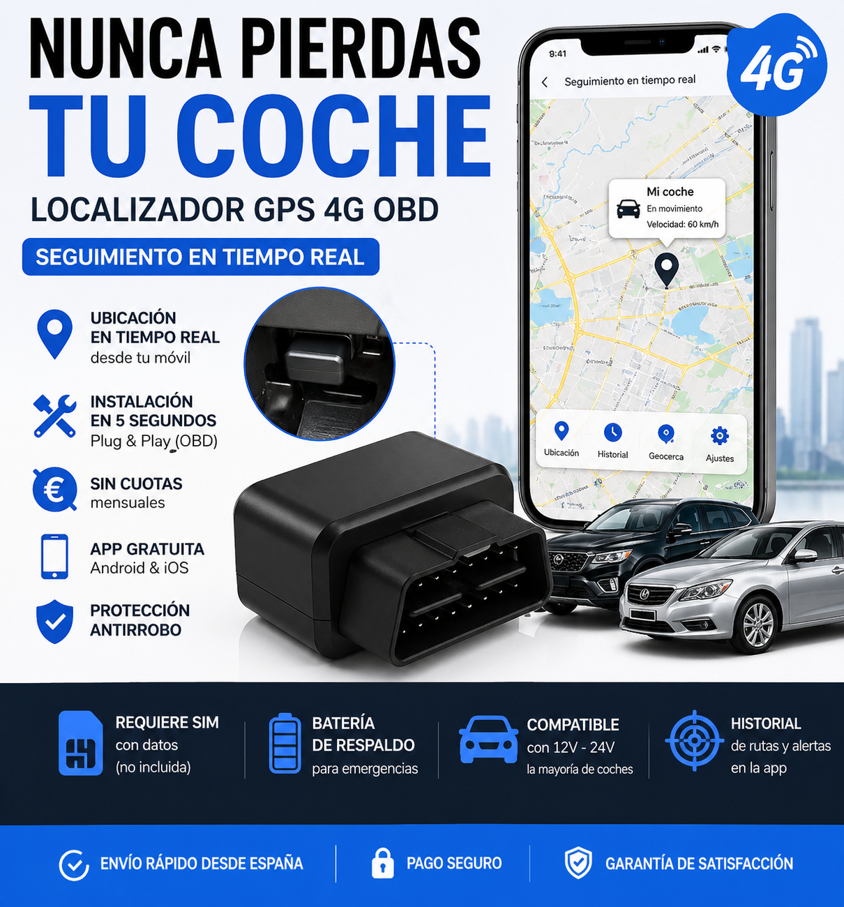 4G GPS-tracker voor auto (OBD) – Geen maandelijkse kosten | Realtime tracking