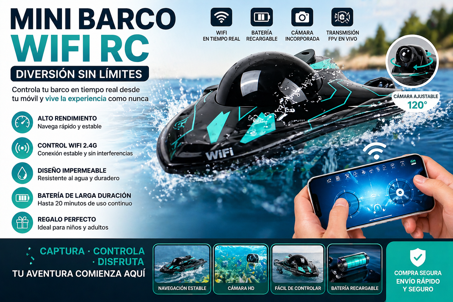 🚤 Mini Barco WIFI RC con Cámara – Control Total desde tu Móvil