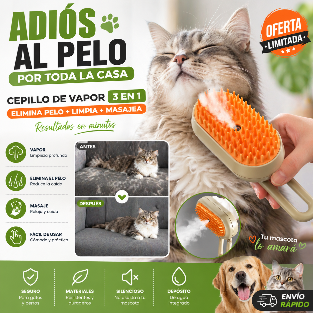 Cepillo de Vapor 3 en 1 para Mascotas – Elimina Pelo, Limpia y Relaja
